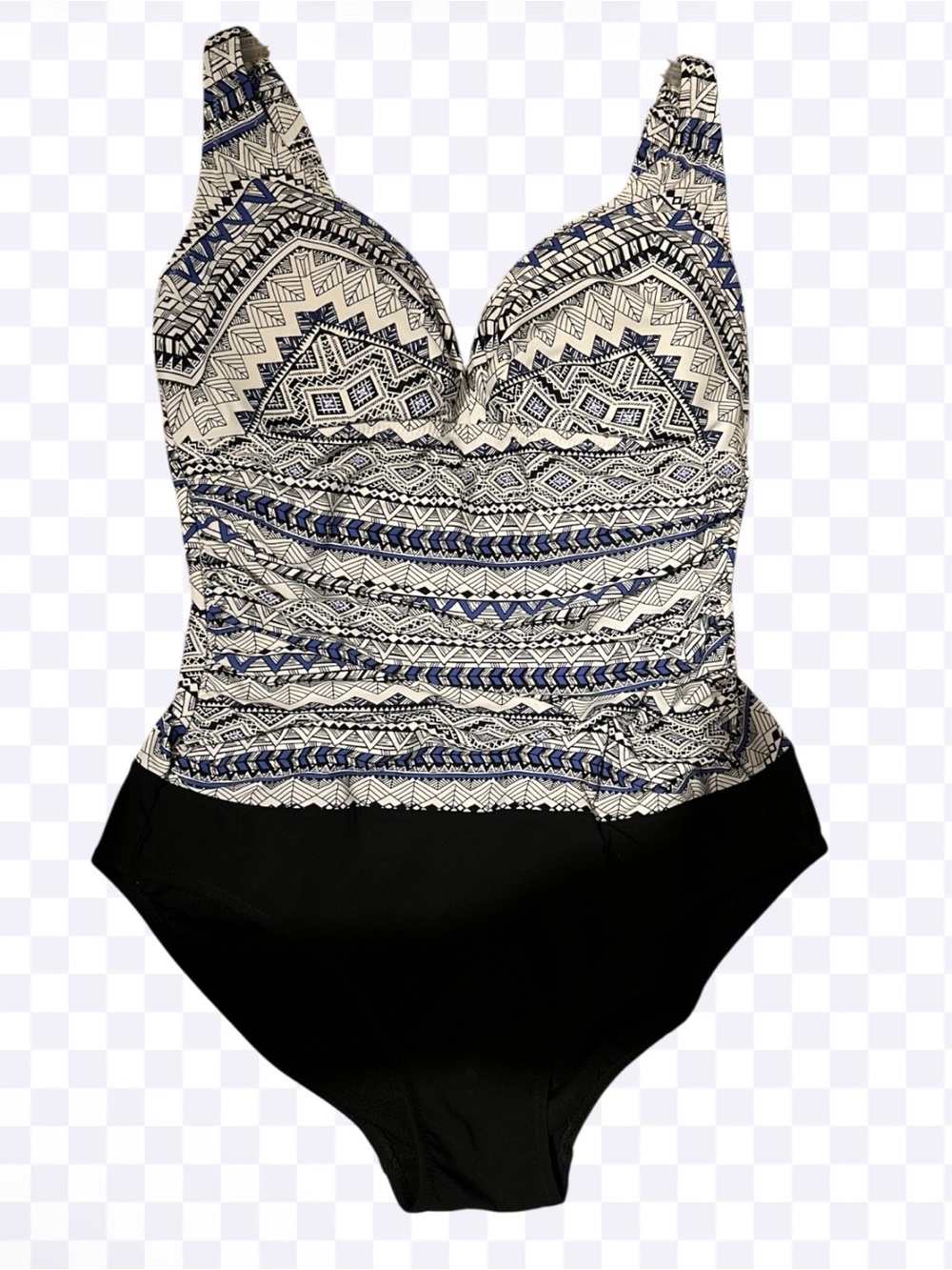 EUC Profile by Gottex Black, Ivory and Blue Patterned One-Piece Bodysuit